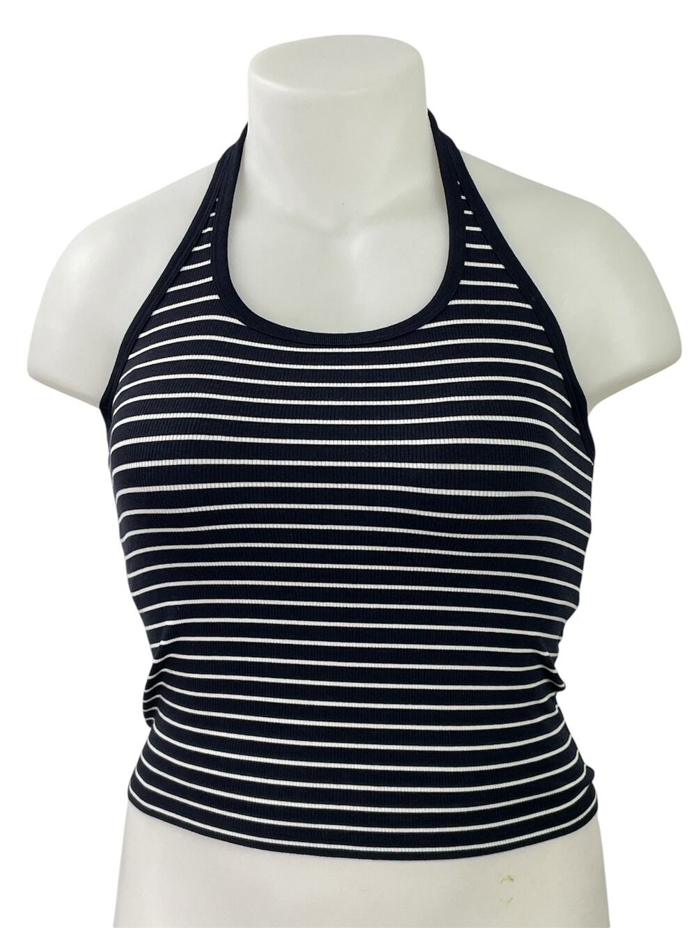 Uniqlo Black White Striped Sleeveless Halter Neck Backless Crop Tank Top Size XL